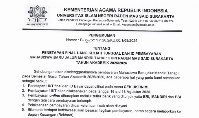 PENETAPAN FINAL UANG KULIAH TUNGGAL DAN ID PEMBAYARAN MAHASISWA BARU JALUR MANDIRI TAHAP II UIN SURAKARTA TAHUN  2025/2026
