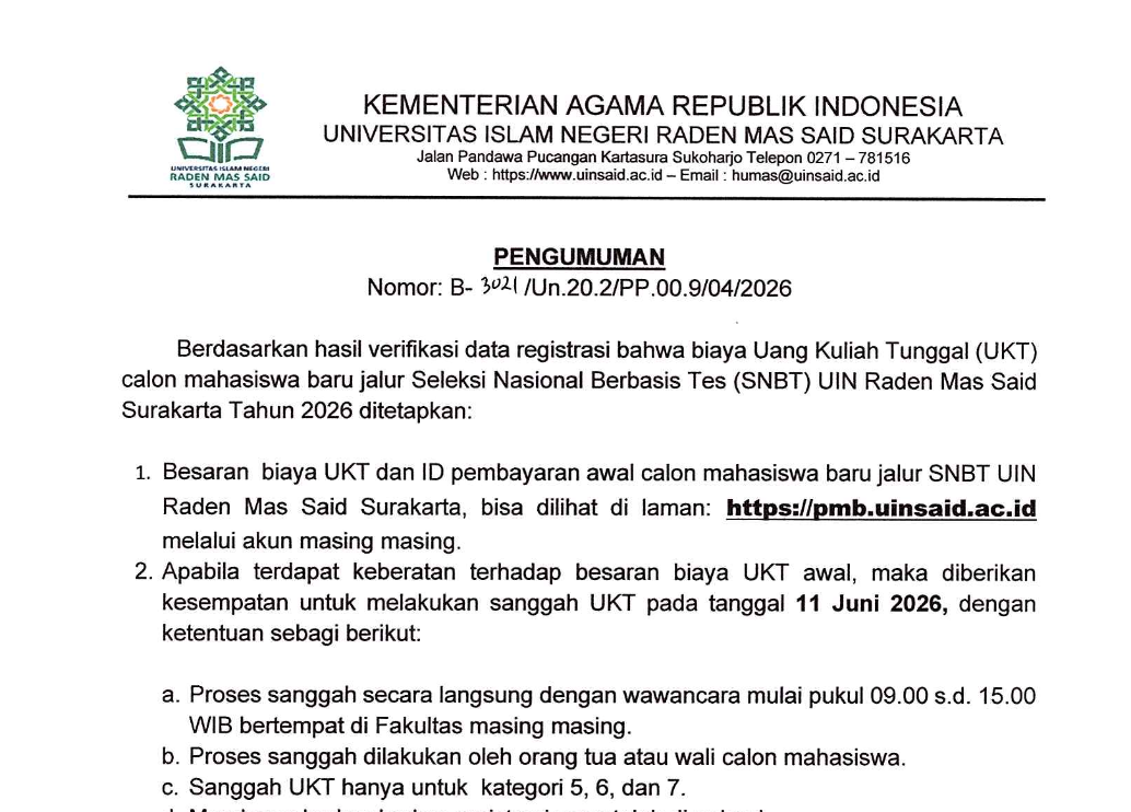 PENGUMUMAN UANG KULIAH TUNGGAL (UKT) MAHASISWA BARU JALUR SNBT UIN RADEN MAS SAID SURAKARTA TAHUN 2026