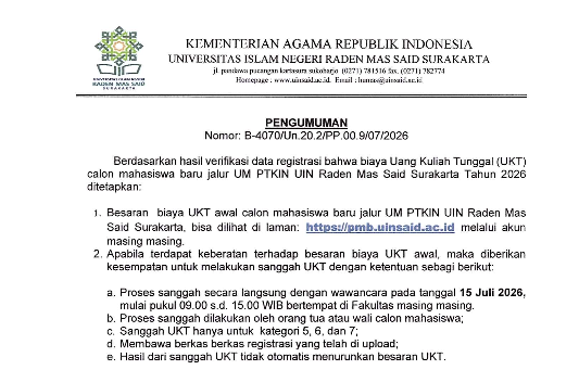 Pengumuman Sanggah UKT Mahasiswa Baru Jalur UM-PTKIN UIN Surakarta  Tahun 2026