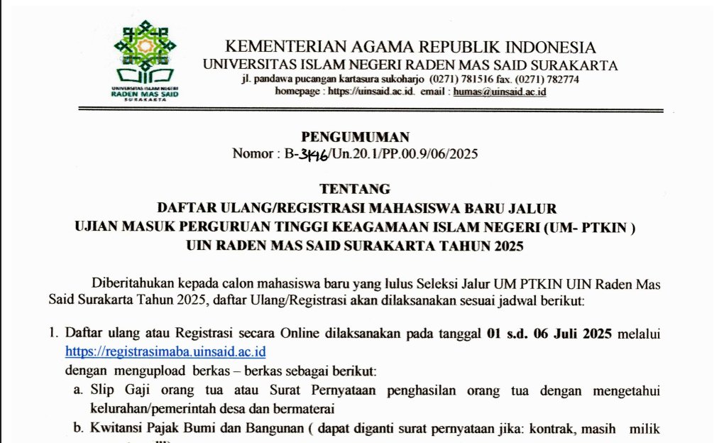 Daftar Ulang/Registrasi Mahasiswa Baru Jalur UM-PTKIN UIN  Surakarta Tahun 2025